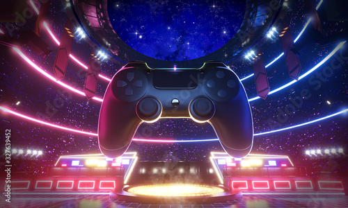 Neon light glow e-sport arena with the big joy pad in middle stadium, 3d rendering background illustration. photo