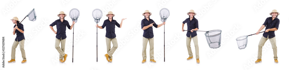 Funny guy with catching net on white Funny guy with catching net on white