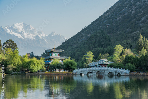 Black Dragon Pool, a famous pond in the scenic Jade Spring Park (Yu Quan Gong Yuan) located at the foot of Elephant Hill, a short walk north of the Old Town of Lijiang in Yunnan province, China. 