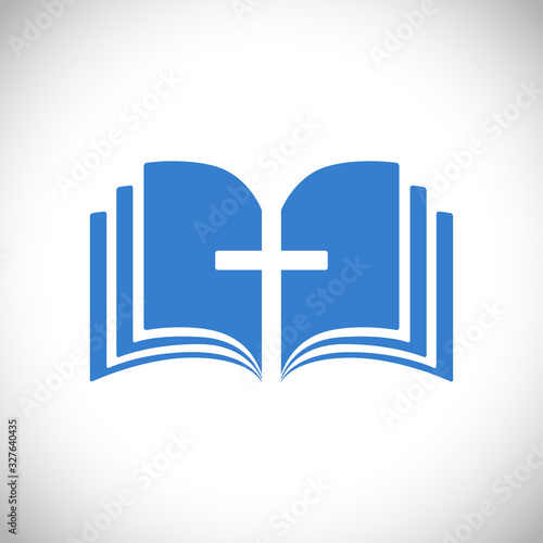 Cross and book blue logotype concept. Open book, pages. Logo idea. E-book or e-bible icon, religious symbol. Cut out brand sign. Isolated abstract graphic web design template. The word of God symbol.