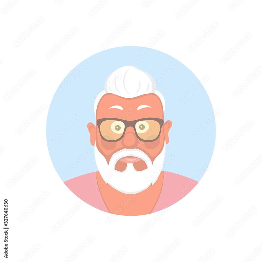 Portrait of happy old man with a mustache and beard,avatar hipster. Vector illustration in cartoon style.