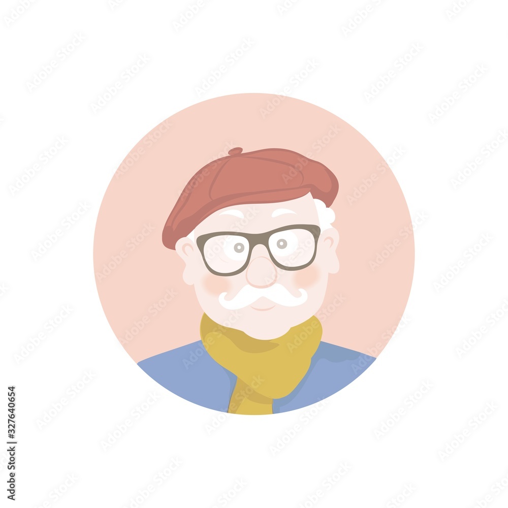 Portrait of happy old man with a mustache and cap,avatar hipster. Vector illustration in cartoon style.
