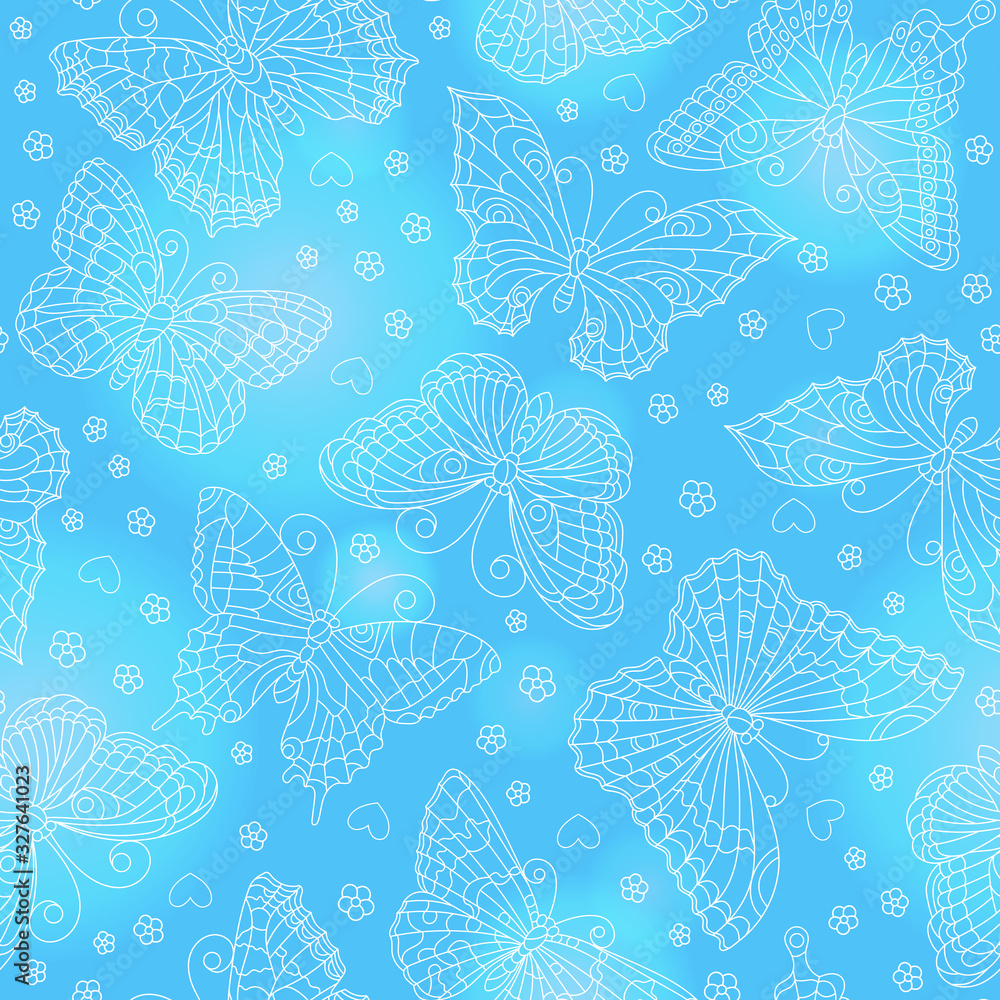 Seamless pattern with butterflies and flowers , white outlines on a blue background Seamless pattern with butterflies and flowers , white outlines on a blue background