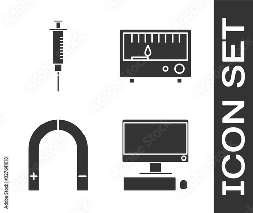 Set Computer monitor with keyboard and mouse, Syringe, Magnet and Electrical measuring instruments icon. Vector
