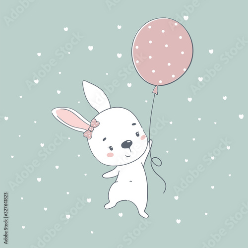 Cute baby bunny cartoon vector illustration. Illustration in hand drawing style for baby shower, greeting card, party invitation, fashion clothes t-shirt print.