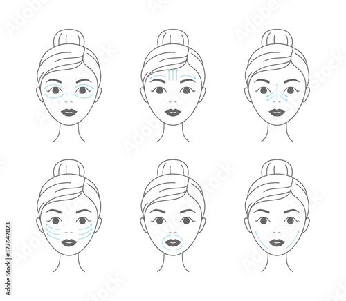 Young woman making facial massage by lines. Line vector elements on a white background.