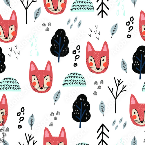 Scandinavian style ,seamless pattern with fox. Cute hand drawn design. Perfect for baby fabric, nursery room and wrapping papers