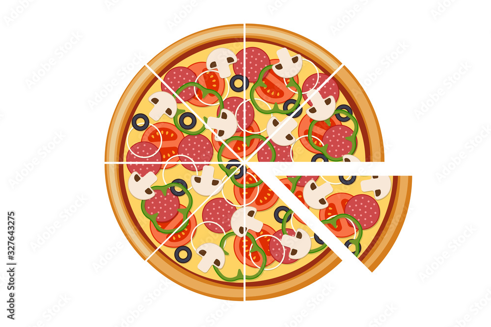 Pizza with sliced tomatoes mushrooms salami sausage onion bell pepper black olives and cheese. Italian fast food meal isolated vector eps illustration