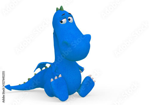 baby dragon cartoon is sad in a white background with copy space