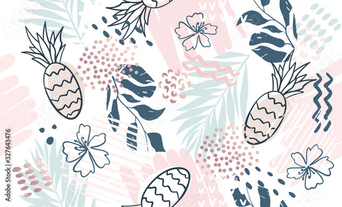 Seamless exotic pattern with tropical plants and gold elements. Vector