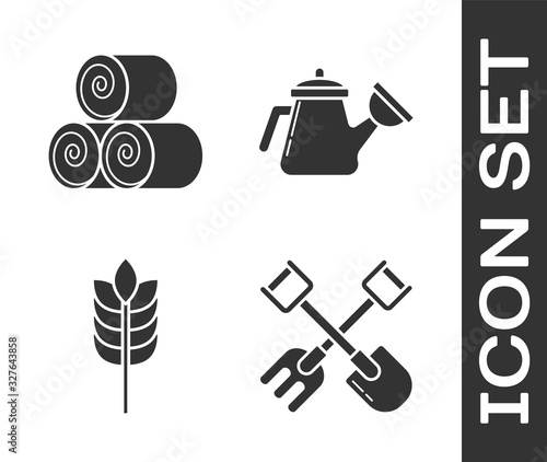 Set Shovel and rake, Roll of hay, Cereals with rice, wheat, corn, oats, rye and Watering can icon. Vector