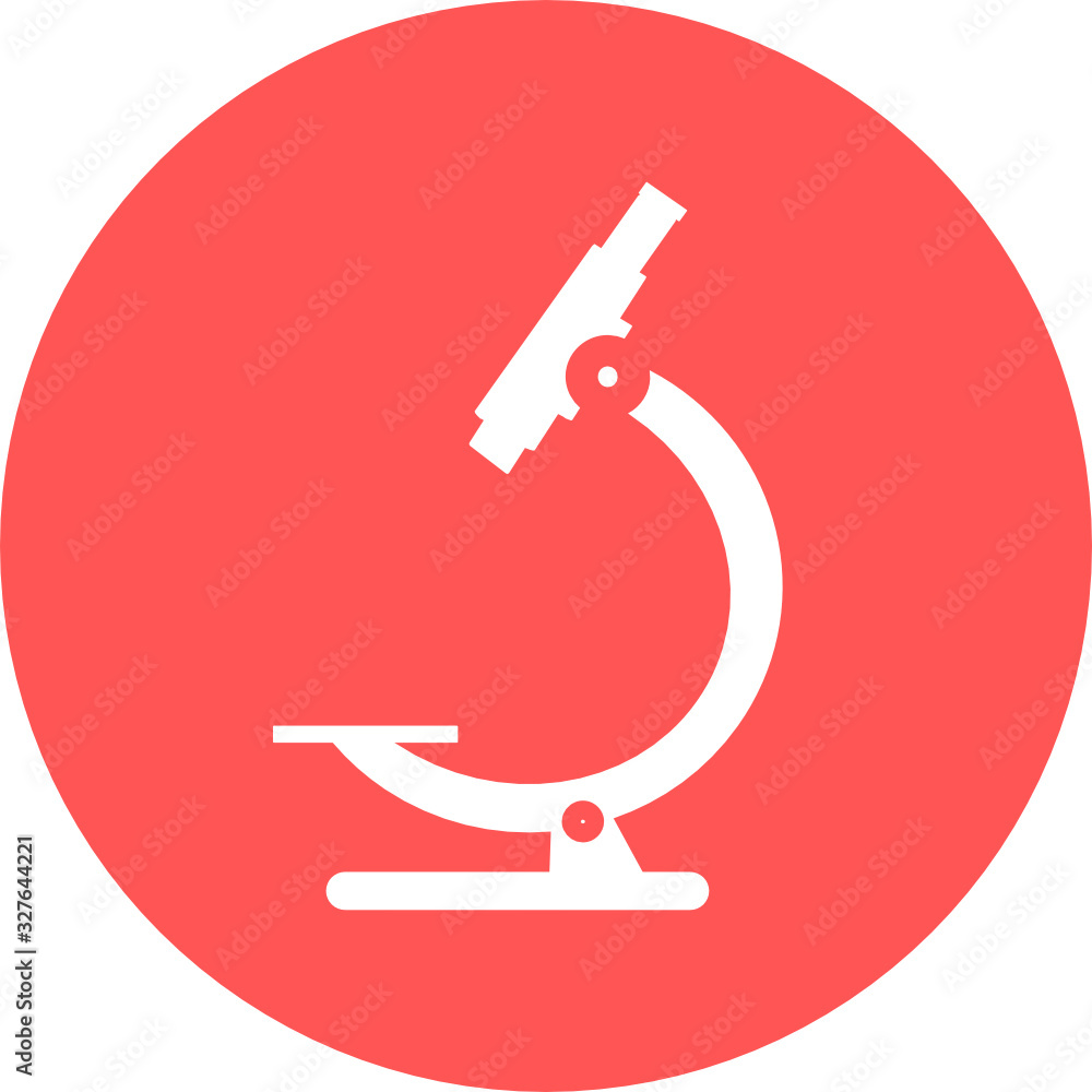Microscope in red circle icon. Symbol of science, chemistry, pharmaceutical instrument, microbiology magnifying tool. Flat style for graphic design template. Suitable for logo, web, UI, mobile app. Microscope in red circle icon. Symbol of science, chemistry, pharmaceutical instrument, microbiology magnifying tool. Flat style for graphic design template. Suitable for logo, web, UI, mobile app.