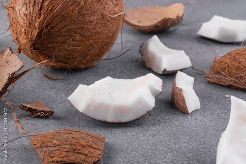 Coconut pieces close up. Healthy eating concept.