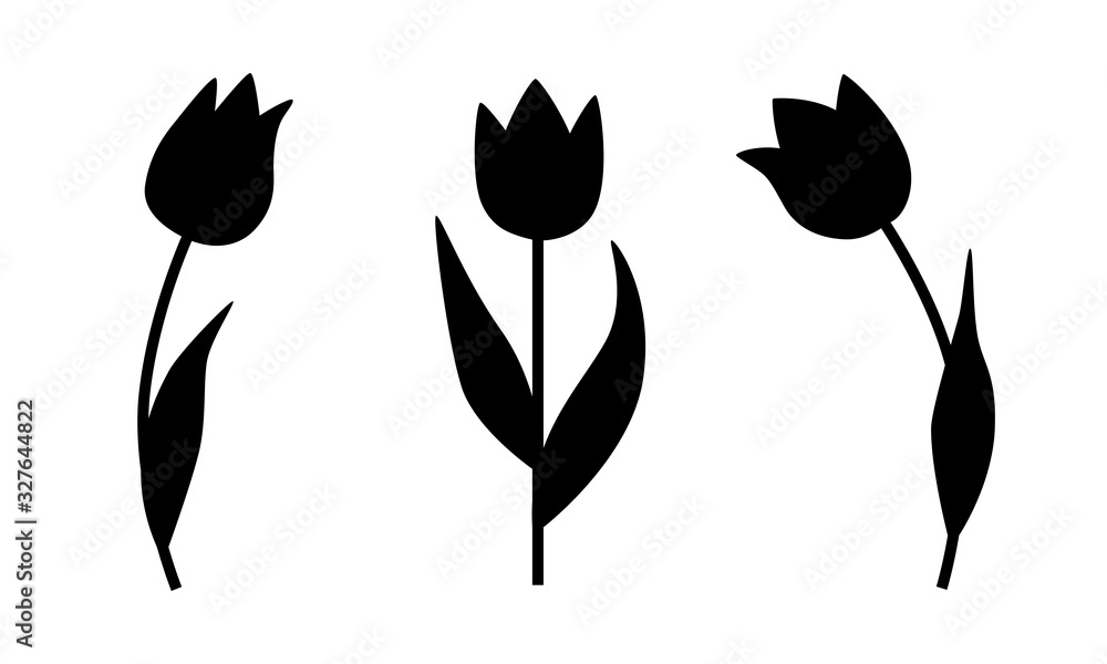 Set of black silhouette tulips on white background. Vector illustration