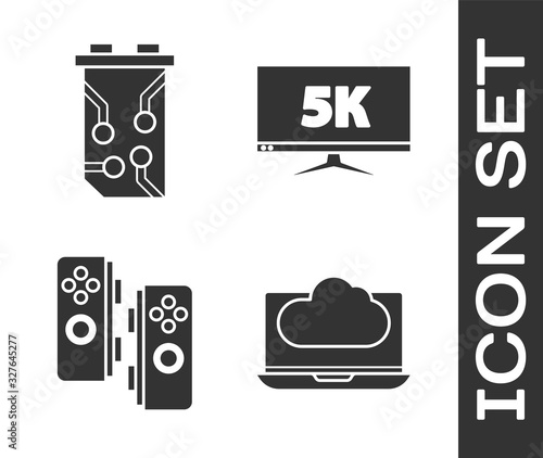 Set Cloud technology data transfer and storage, Video graphic card, Gamepad and Monitor display with 5k video icon. Vector