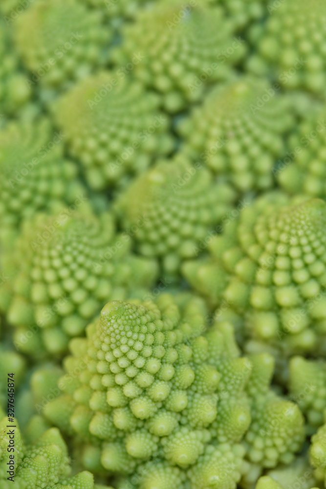 Close-up of natural fractals of Romanesco broccoli (also known as Roman cauliflower, Broccolo Romanesco, Romanesque cauliflower or simply Romanesco). Focus on front, shallow depth of field. Close-up of natural fractals of Romanesco broccoli (also known as Roman cauliflower, Broccolo Romanesco, Romanesque cauliflower or simply Romanesco). Focus on front, shallow depth of field.