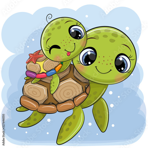 Cartoon water turtles father and son on a blue background