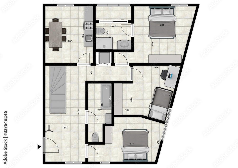 3D illustration floor plan. Living space with using colors and textures ...