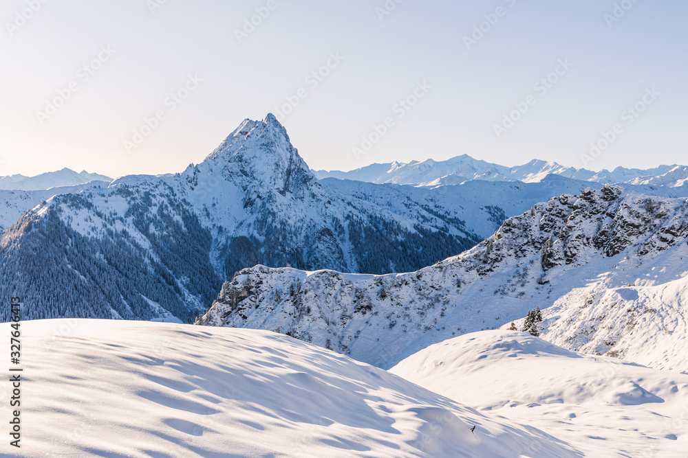 Winter in the Austrian Alps, View of Grosser Rettenstein Mountain in the morning light of a winterday