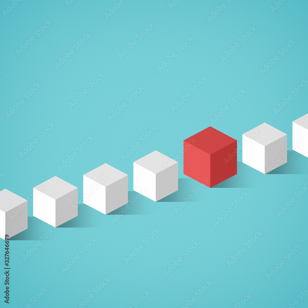 Several white isometric cubes in a row and one bigger red unique cube in the middle on a turquoise background. Concept image of uniqueness, individuality and standing out from the crowd. Flat design. Several white isometric cubes in a row and one bigger red unique cube in the middle on a turquoise background. Concept image of uniqueness, individuality and standing out from the crowd. Flat design.