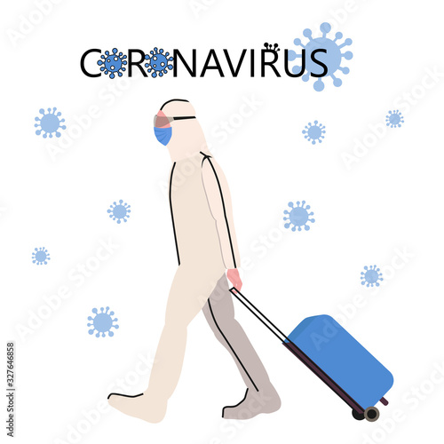 A man in a protective medical suit travels with a valise the coronovirus epidemic. Flat illustration isolated on a white background. Protection against viral infection. Traveler at the airport.