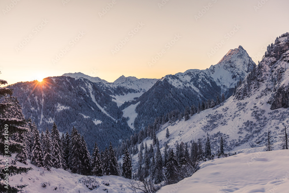 Winter in the Austrian Alps, View of Grosser Rettenstein Mountain in the morning light of a winterday