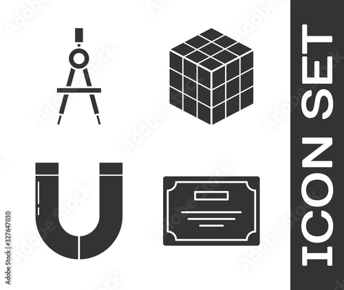 Set Certificate template, Drawing compass, Magnet and Rubik cube icon. Vector