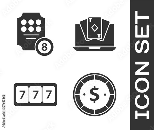 Set Casino chip with dollar, Online slot machine, Slot machine with lucky sevens jackpot and Online poker table game icon. Vector