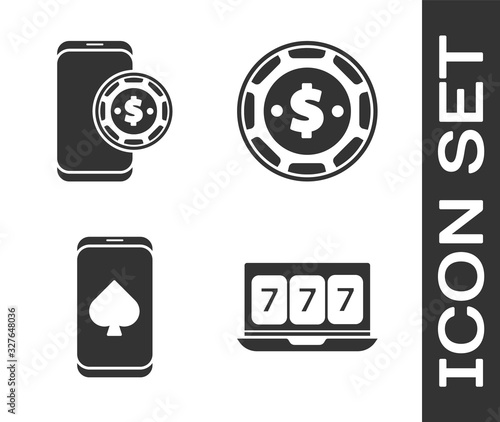 Set Online slot machine with lucky sevens jackpot, Online poker table game, Online poker table game and Casino chip with dollar icon. Vector