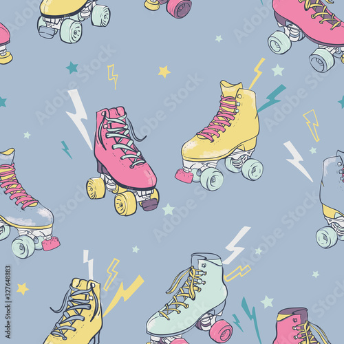 Vector Retro Electric Roller Skating on Pastel Blue seamless pattern background.