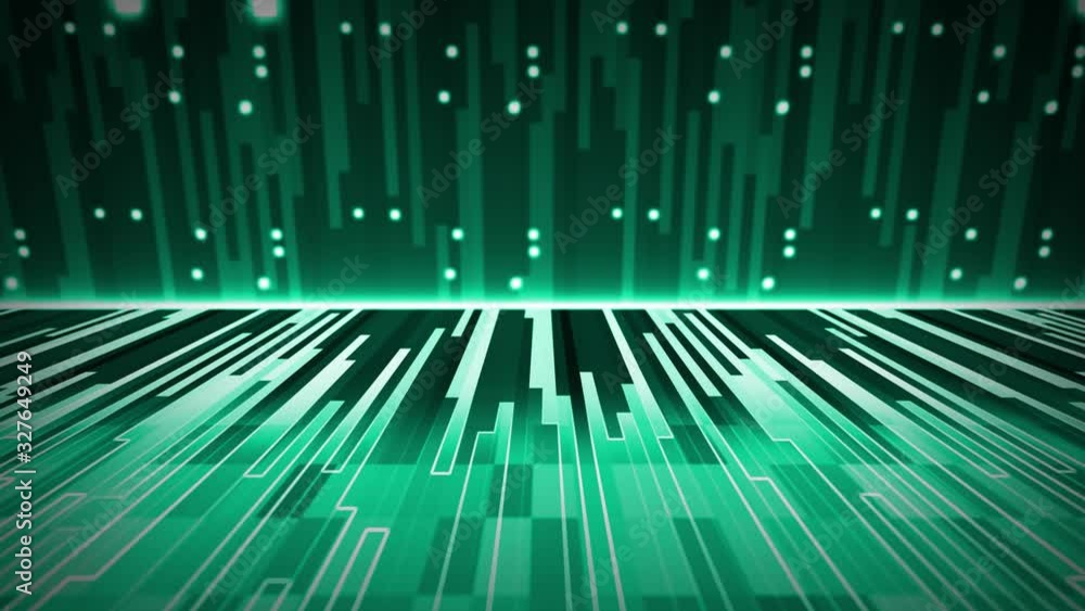 3D animation of green rectangle bars moving towards the screen with flashing and glowing light squares and a glowing center. 3D animation of green rectangle bars moving towards the screen with flashing and glowing light squares and a glowing center.