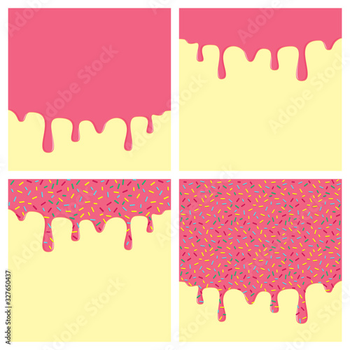 Dripping donut glaze square backgrounds set. Pink liquid sweet flow, tasty dessert topping with colorful sprinkles. Doughnut or ice cream drips. Vector eps8 illustration with blank copy space.