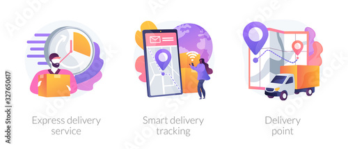 Parcel shipment services metaphors. Express delivering, online smart tracking, courier. Order delivery point. Cargo truck location. Courier with box abstract concept vector illustration set.