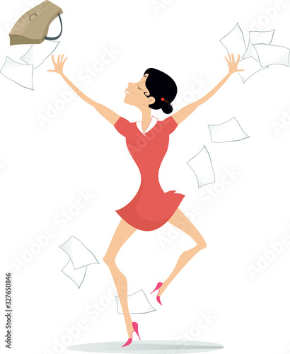 Happy businesswoman tossing papers, excited about something illustration. Pretty young woman glad of the end of work and throws up to the air a bag and document isolated on white