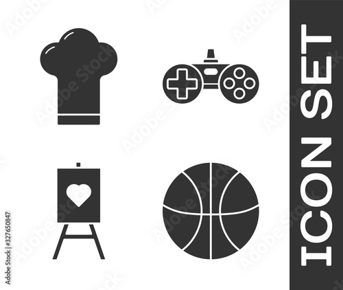 Fototapeta Set Basketball ball, Chef hat, Wood easel or painting art boards and Gamepad icon. Vector