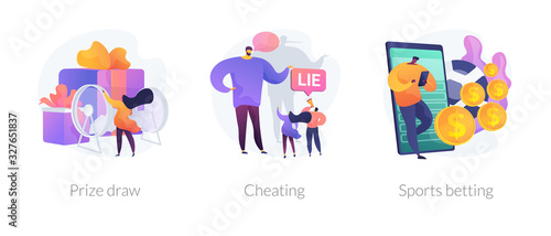 Lottery awards raffle, unfair victory and fraud, internet gambling problem icons set. Prize draw, cheating, sports betting metaphors. Vector isolated concept metaphor illustrations