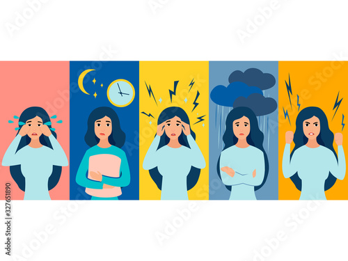Premenstrual syndrome in women. Negative emotions, tears, hysterics. In minimalist style. Cartoon flat vector