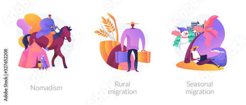 Temporary migration metaphors. Nomad lifestyle, rural and seasonal migration. Holiday vacation tourism. Changing settling place, moving to new location abstract concept vector illustration set.
