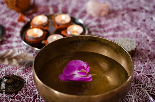 Set of tibetan singing bowl for yoga, spa salon, meditation, sound massage and healing, spiritual practices