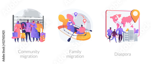 Refugees, forced displacement metaphors. Community and family migration, diaspora, asylum seekers. Country borders illegal crossing abstract concept vector illustration set.