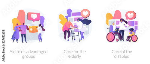 Social support for people in need metaphors. Aid to disadvantaged groups, care for elderly, help for disabled. Non profit, voluntary services abstract concept vector illustration set.