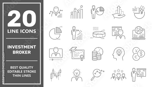 Vector set of linear icons related to investment broker, trade service, investment strategy and management. Mono line pictograms and infographics design elements. Editable Stroke. EPS 10.