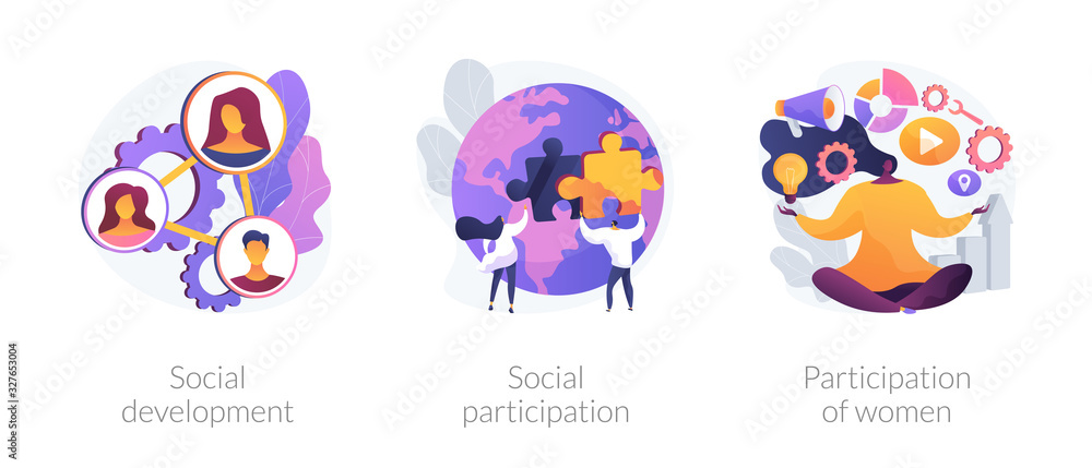 Social engagement metaphors. Participation in society, community involvement, social group. Participation of women. Norms of behaviour abstract concept vector illustration set. Social engagement metaphors. Participation in society, community involvement, social group. Participation of women. Norms of behaviour abstract concept vector illustration set.