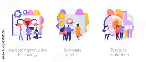 Fertility treatment and artificial insemination metaphors. Assisted reproductive technology, surrogate mother, test tube fertilization abstract concept vector illustration set.