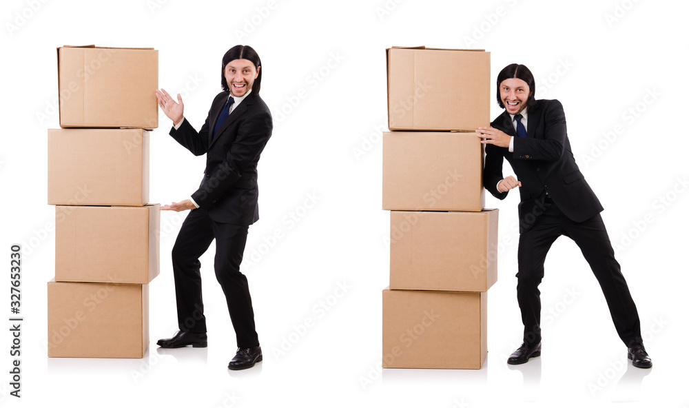 Funny man with boxes on white Funny man with boxes on white