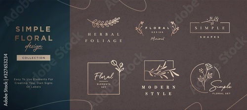 Set of minimalistic elegant geometric floral elements. Premade decorative fashion labels, signs. Vector