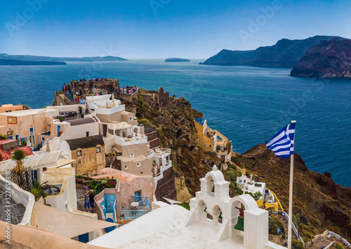 View of the city of Oia and the ruins of an ancient Venetian fortress. Santorini, Greece