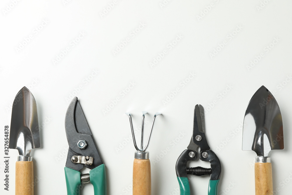 Gardening tools on white background, space for text Gardening tools on white background, space for text
