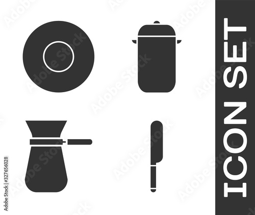 Set Knife, Plate, Coffee turk and Cooking pot icon. Vector