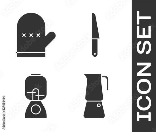 Set Moka pot, Oven glove, Blender and Knife icon. Vector